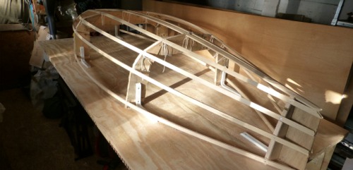 Part-built frame for SOF boat, showing the moulds